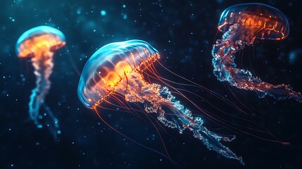 Brightly Glowing Jellyfish in Dark Ocean Fantasy Illustration