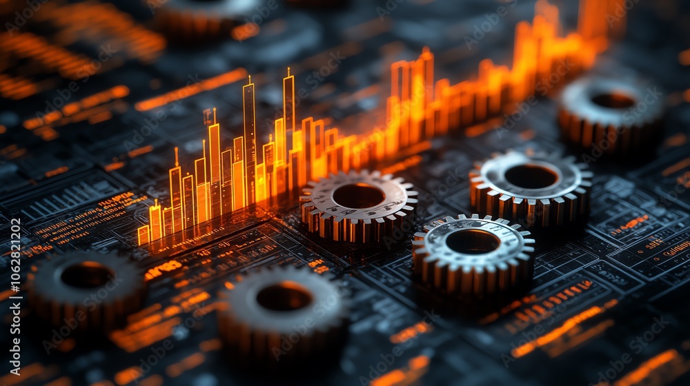 Aufkleber close-up of gears and digital graph representing technology and innovation.