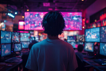 A person stands among multiple screens displaying colorful graphics in a vibrant gaming environment.