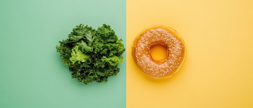 Fresh kale and a glazed donut displayed on contrasting backgrounds, highlighting a vibrant contrast between healthy and indulgent food choices.