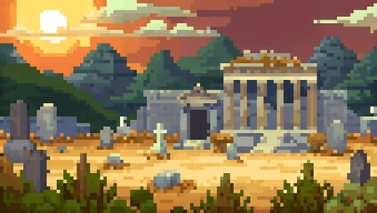 Obraz premium Ancient temple during daytime pixel art background. 8-bit game assets