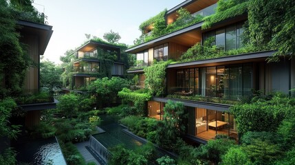 Fototapeta premium Lush green architecture with modern buildings and abundant vegetation.