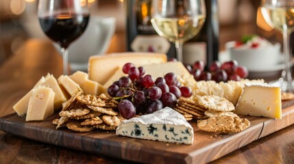 Tempting food platter with a selection of artisanal cheeses and gourmet crackers, perfect for wine and cheese nights