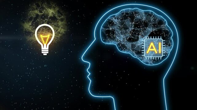 Animation of AI Artificial intelligence micro chip implanted in human brain giving answer idea and solution to problem with a light bulb lamp turn on