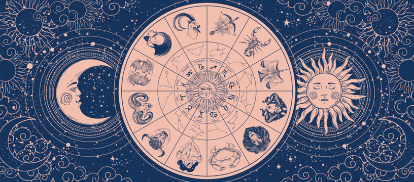 Astrology chart with 12 zodiac signs, sun and moon. Zodiac wheel on starry sky background, mystical vector banner.