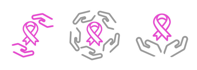 Pink ribbon with hands around logo icon set collection line stroke design symbol of breast cancer solidarity organization foundation