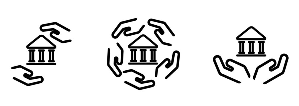 hand take care government building court museum library logo icon set collection line stroke design symbol of politics institution historic landmark community support