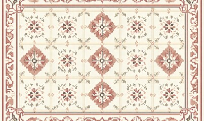 A decorative rug design featuring floral patterns in shades of red and cream.