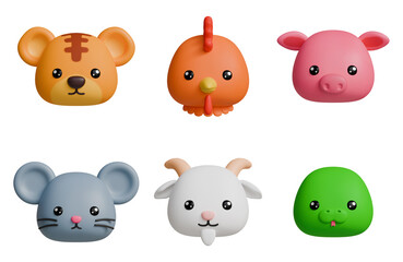 12 Chinese Zodiac Sign, Animals Head 3D rendered