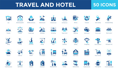 Travel and Hotel icon set with zoo, botanical garden, wildlife sanctuary, national park, historical site, architecture, winery, vineyard, wine tasting, horseback riding icon. Simple flat vector 
