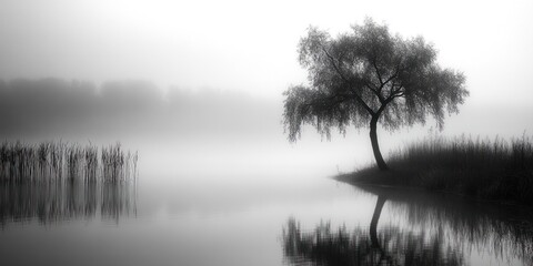 Fototapeta premium Solitary Tree Silhouetted Against Foggy Lake