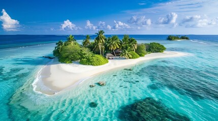 A secluded tropical island paradise with palm-fringed beaches and turquoise waters