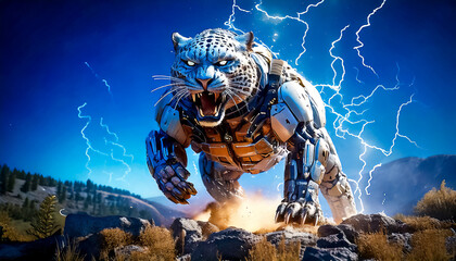 Abstract armored robot animal pantera in action, science fiction technology