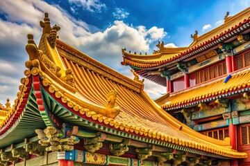 Fototapeta premium Golden-trimmed roof of a majestic Chinese temple, begging for stories.