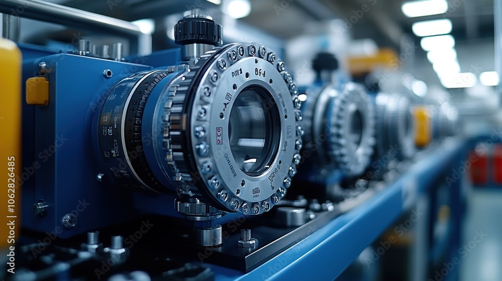 Poster close-up of precision machinery components in a factory setting.