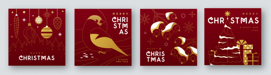 Naklejka premium Set of Merry Christmas and Happy New Year line art greeting cards, covers or posters with holiday attributes. Christmas background. Vector illustration