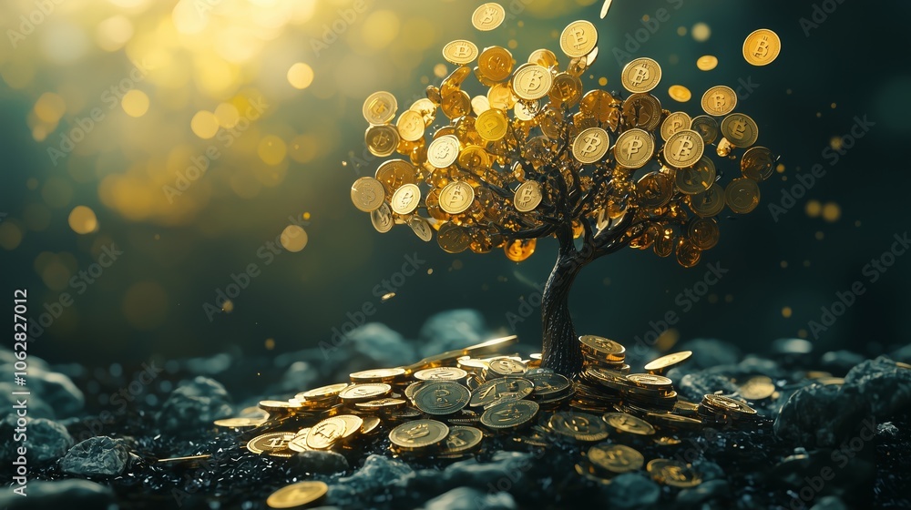 Poster digital currency tree with falling coins and icons