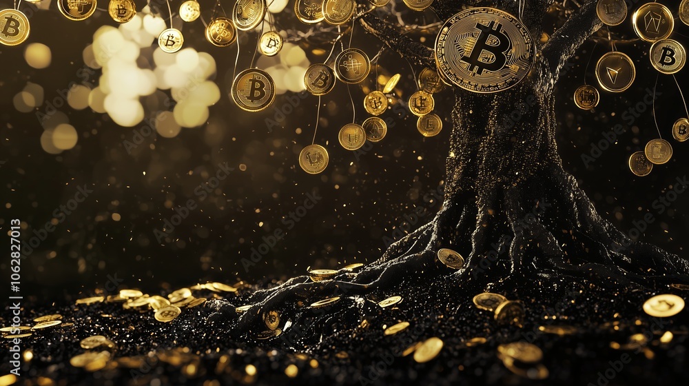 Poster golden tree with blockchain inspired elements