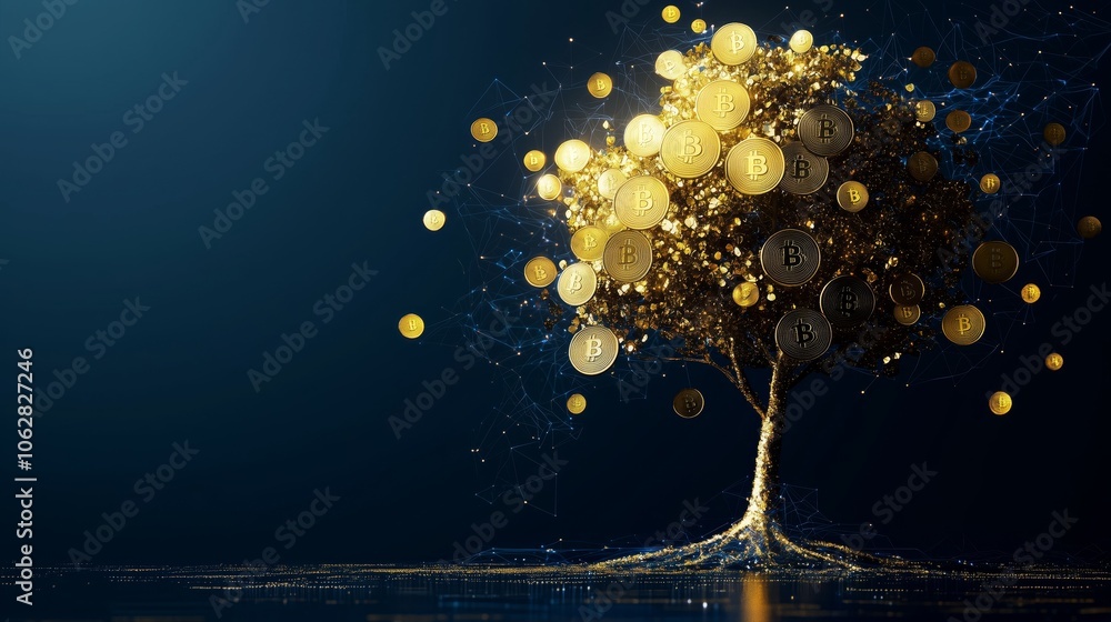 Poster golden tree with blockchain inspired coins