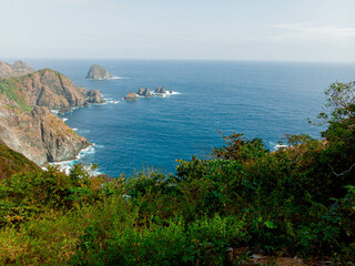 Aerial drone view of charming coastal scenery at Orong Bukal in Buwun Mas, Lombok, Indonesia.
