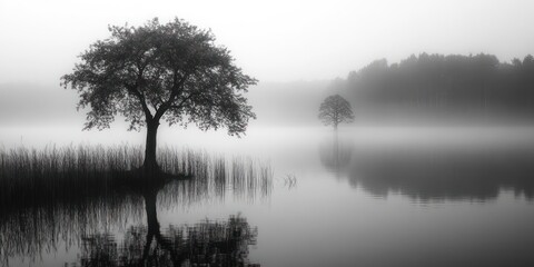 Fototapeta premium A Single Tree Stands Tall in a Misty Lake Landscape
