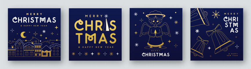 Set of Merry Christmas and Happy New Year line art greeting cards, covers or posters with holiday attributes. Christmas background. Vector illustration