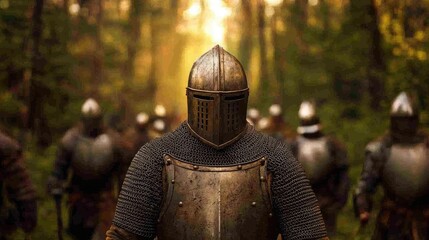 Fototapeta premium Medieval knight in armor leading a group through a sunlit forest.