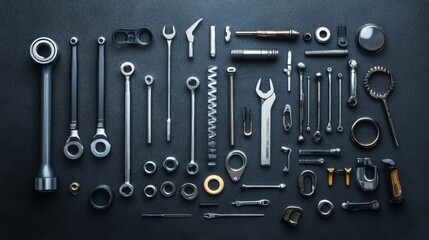 Fototapeta premium Assorted car parts and tools arranged on a dark background.