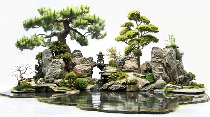 A tranquil Japanese tea garden with serene ponds and sculpted bonsai trees