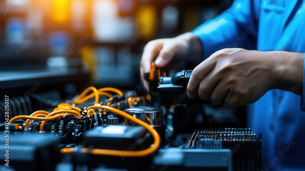 Poster mechanic working on engine, inspecting components with tools and wires. focus is on hands and machin