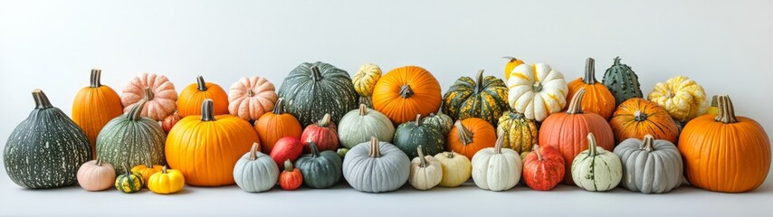 A vibrant display of diverse pumpkins in various shapes and colors, creating a festive autumn atmosphere with textures and hues celebrating the season.