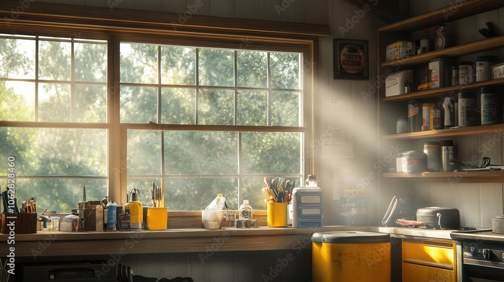 Poster bright workshop with sunlight streaming through window, illuminating various tools and supplies on w