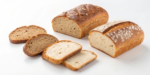 A variety of freshly baked bread loaves and slices, showcasing the textures and colors of both white and brown varieties.