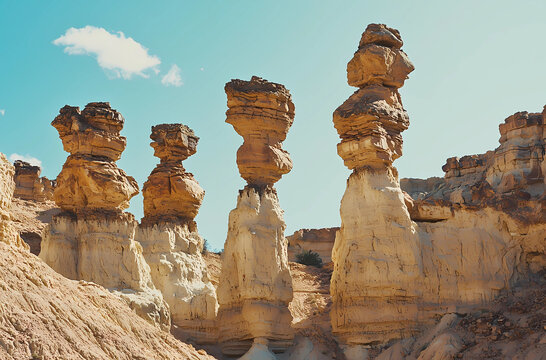 Photograph of hoodoos in the raw desert, white rock formations resembling ancient totems and mushrooms against a blue sky