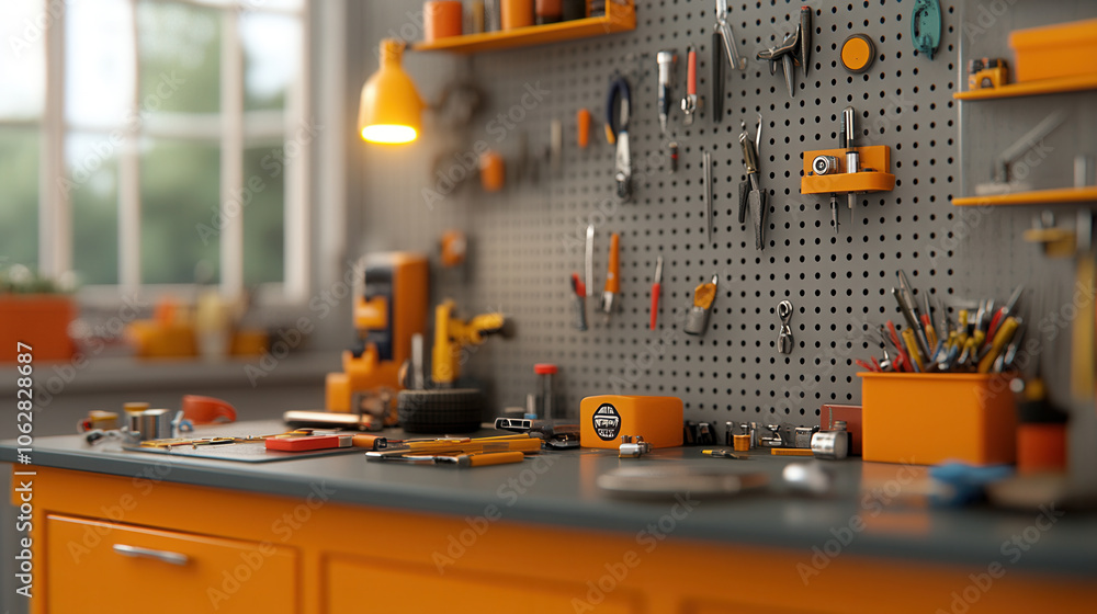 Poster well organized workshop featuring variety of tools and equipment in vibrant orange tones. pegboard d