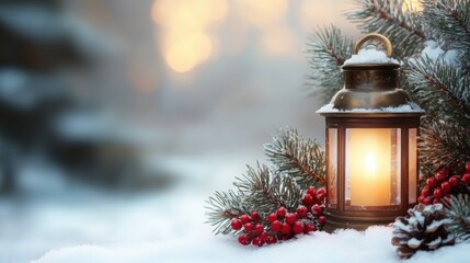 Cozy winter lantern surrounded by snow-covered pine branches and red berries