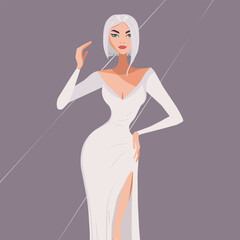 A beautiful young blonde woman in a tight white dress with a slit on her leg. Fashion illustration, flat vector.
