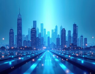 Fototapeta premium A conceptual illustration of a modern skyline with advanced architectural designs in shades of blue, depicting a visionary, high-tech urban landscape