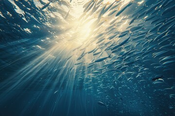 Fish in the ocean. A large school of fish swim in circles in the ocean.