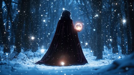 Enigmatic Woman in Velvet Cloak with Glowing Crystal Ball in Snowy Woods | Mystical Cinematic Portrait with Magical Aura and Dramatic Lighting