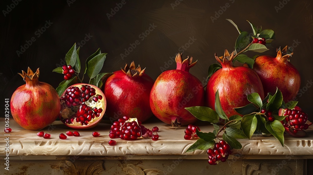 Poster artistic arrangement of ripe pomegranates creating a visually appealing composition