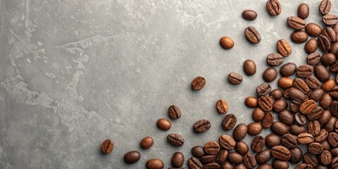 Coffee beans scattered on a textured surface, creating a visual contrast between the smooth, brown beans and the rough, grey background.