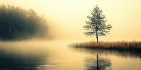 Solitary Tree on a Misty Lake at Sunrise