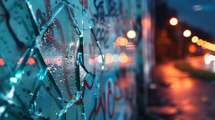 Fototapeta premium A Dark City Street at Night, Dimly Lit and Highlighted by Broken Windows and Graffiti on the Walls, Capturing the Essence of Urban Violence Through a Shallow Depth of Field That Emphasizes the Damaged