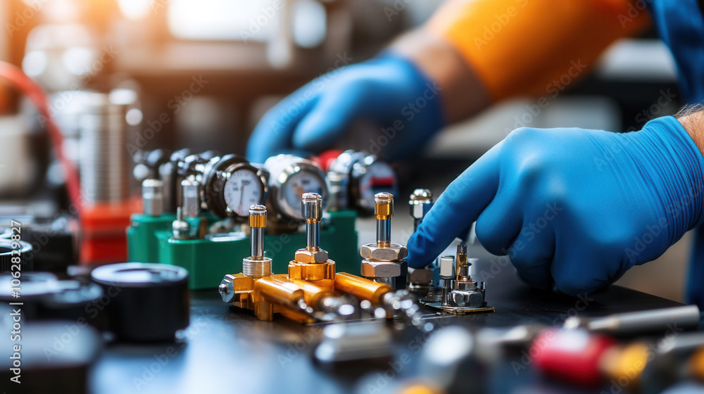 Poster focused mechanic adjusting inflators with tools on workbench, showcasing precision and expertise in 