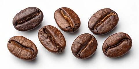 Obraz premium A close-up view of seven roasted coffee beans, each with a distinctive shape and texture, resting on a pristine white background, showcasing the beauty of nature's bounty in its simplest form.