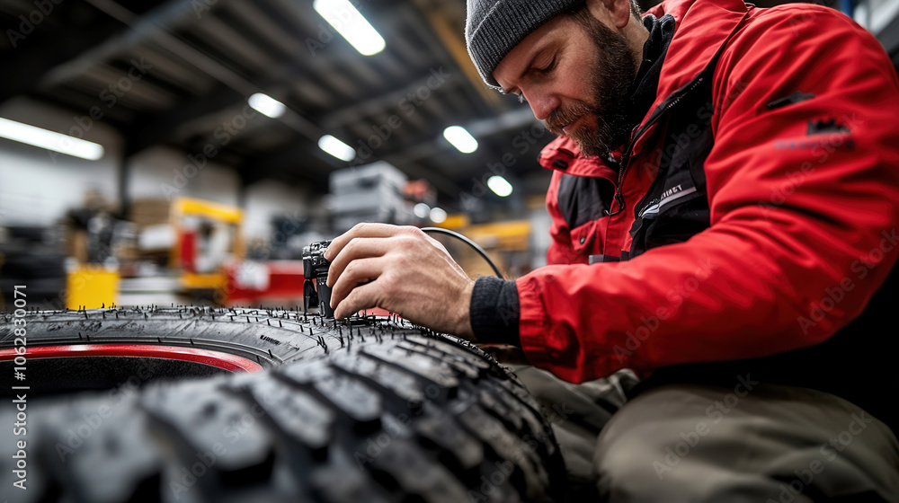 Poster mechanic focused on adjusting inflating tire in workshop, showcasing precision and skill