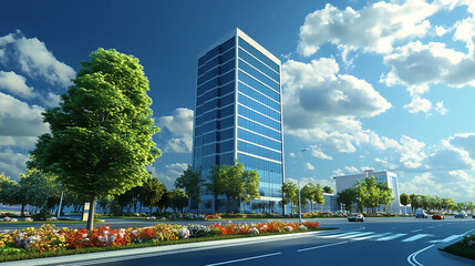 Obraz premium empty, modern square and skyscrapers under sunbeam architecture, city, street, landmark, financial, landscape, road, skyline, sky, modern, cityscape, asphalt road of a modern city 