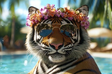 A digital image of a tiger partying at a resort, complete with sunglasses and a floral crown.