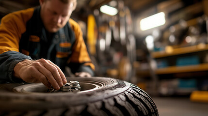 Obraz premium mechanic adjusts tire inflator in workshop, showcasing skilled hands at work. focused expression highlights importance of precision in tire maintenance